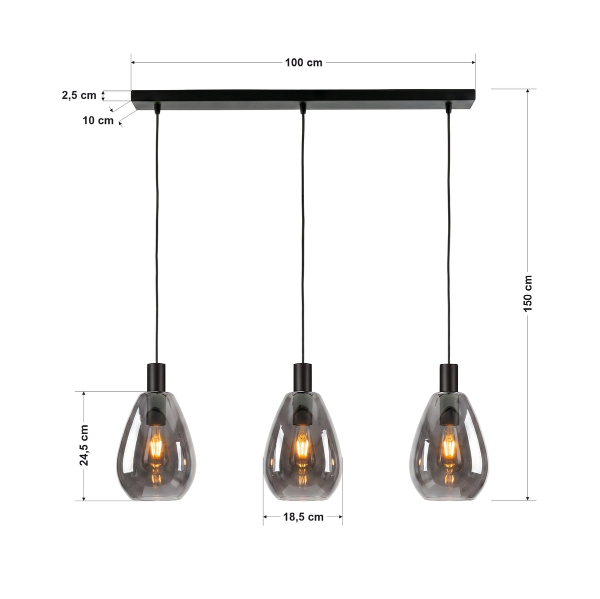 Beleuchtung Hanglamp, 3-lichts, H340 smoke glas